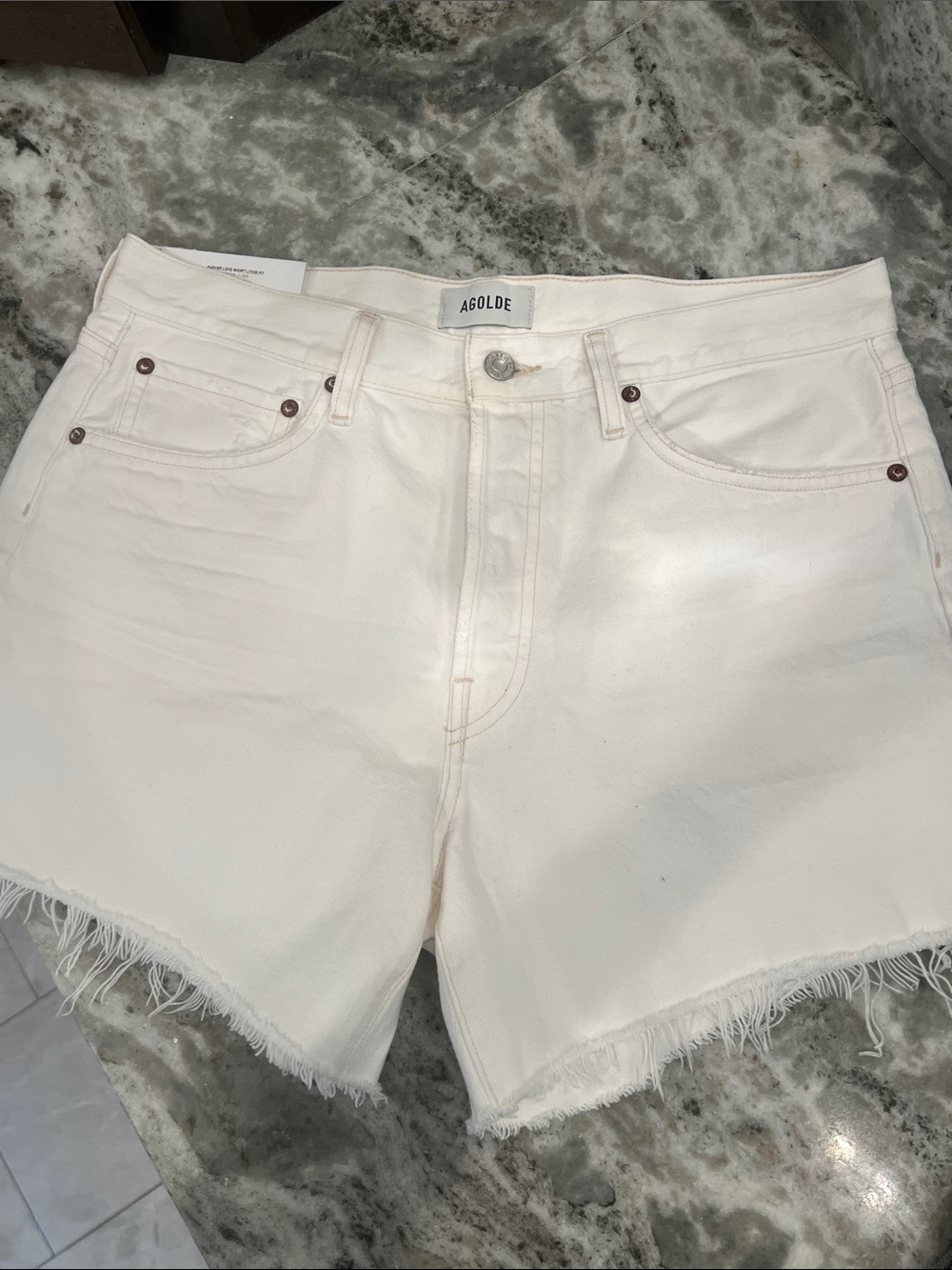 Agolde Cream High-Rise Frayed Hem Denim Shorts
